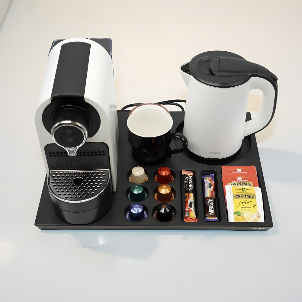 LovoUK Premium In-Room Beverage Set – 0.8L Stainless Steel Kettle & White Coffee Machine with Wooden Tray and Ceramic Mugs - Image 2