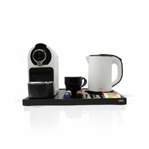 LovoUK Premium In-Room Beverage Set – 0.8L Stainless Steel Kettle & White Coffee Machine with Wooden Tray and Ceramic Mugs